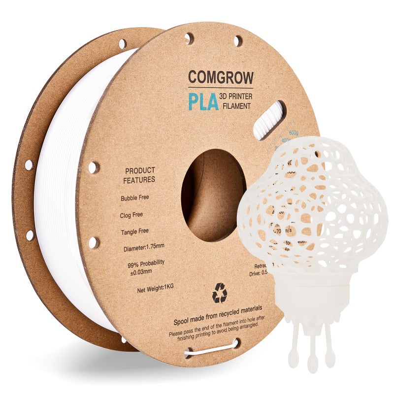 Comgrow خيوط طابعة ثلاثية الأبعاد من كومغرو، خيوط PLA لطابعة ثلاثية الأبعاد 1.75 مم، دقة أبعاد +/- 0.02 مم، بكرة PLA بيضاء 1 كجم - Image 1